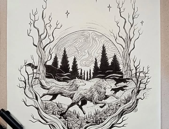 Lobos corriendo. Rotuladores calibrados en papel Ingres A4.