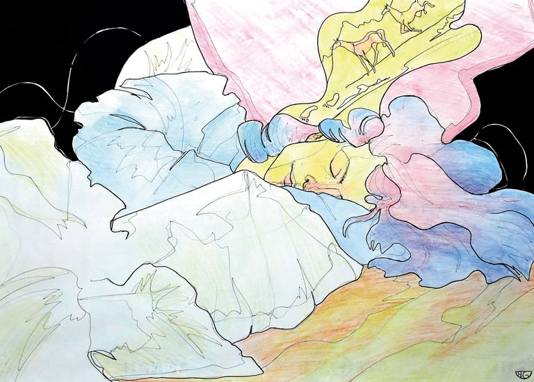 El viaje le pilló durmiendo, Dibujos a rotulador y lápices de colores. 50 x 70 cm. Digitalizados en formato A3.
