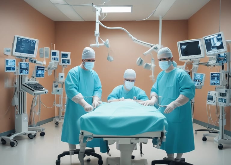 A group of medical professionals in scrubs and lab coats walks down a bright hospital corridor. They appear to be engaged in conversation, heading towards a destination within the hospital. The environment is clean and well-lit, emphasizing a clinical setting.