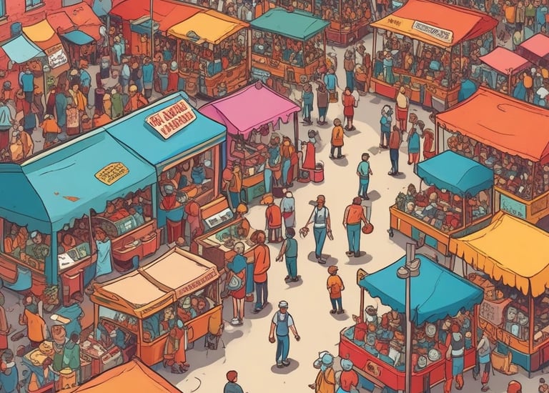 Vinyl records are displayed in a record store, with a prominent record at the front featuring a person with a serious expression, dressed in a light purple jacket and white shirt. The texts on the record include phrases like 'Love Thy Neighbor,' 'Annie Christian Sentenced to Die!' and 'Do You Believe in God?'. Other visible records in the background are organized under categories like 'Prince,' 'Pink,' and 'Red Hot Chili Peppers.'