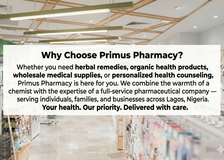 Primus pharmacy with text "primus pharmacy herbal remdies,wholesale medical supplies counselling "