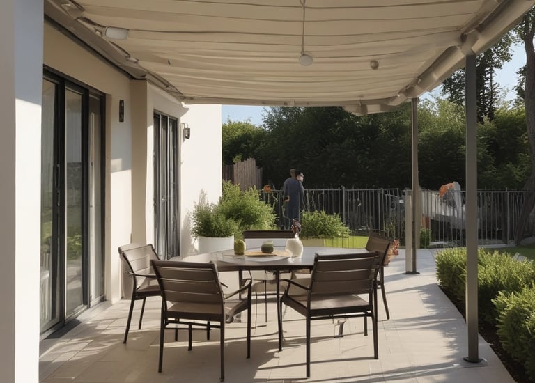 An interior space appears to be under renovation, featuring a large, decorative marble wall with an intricate pattern. Scaffolding, tools, and materials are scattered throughout the room, including a cart, power tools, and a table. The room is lit by natural light coming through large windows, adding to the sense of openness.