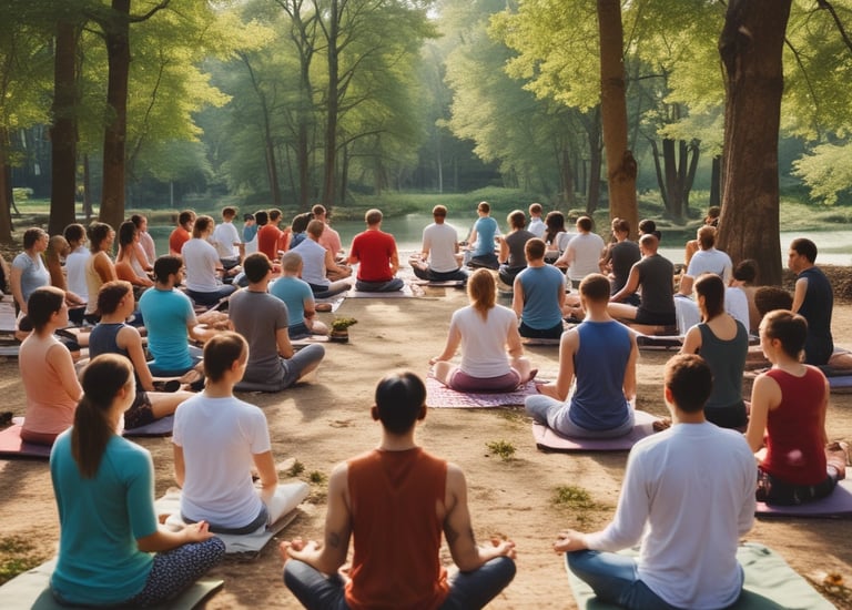 A large group of people, consisting of both men and women, are gathered in a room. Some are sitting on chairs while others are standing around them. The room seems to be set up for a professional training or workshop, as indicated by a banner in the background. The environment appears formal, with a presentation screen and tables with documents and water bottles.
