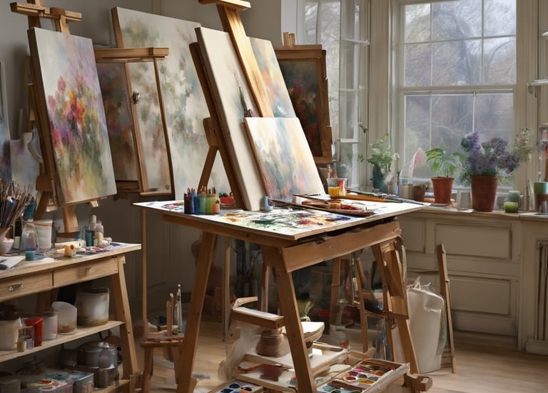 assorted paintings on white painted wall