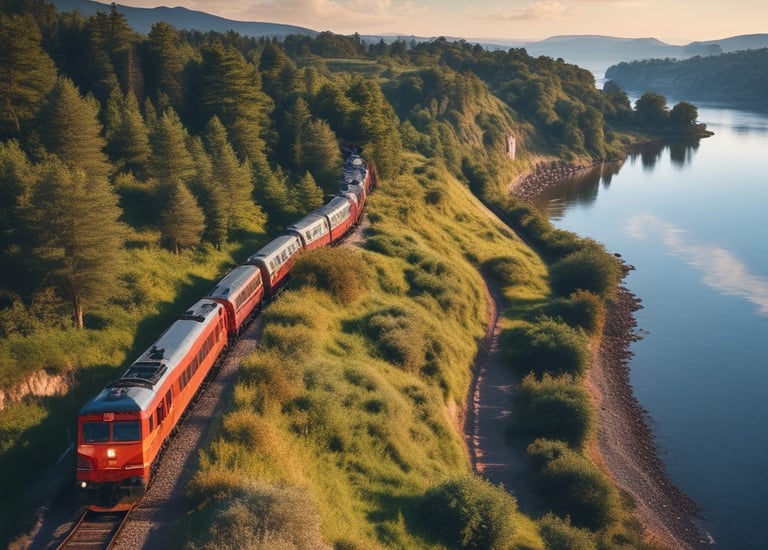 A winding coastal road with a convertible car driving along the shore.