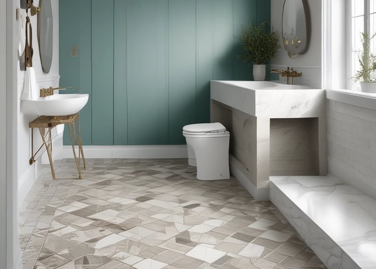 Four wooden planks are lying on a wooden floor. The planks have a natural, rustic finish, and two of them have screws partially embedded. The floor has a variegated pattern with a mix of light and dark brown tones.