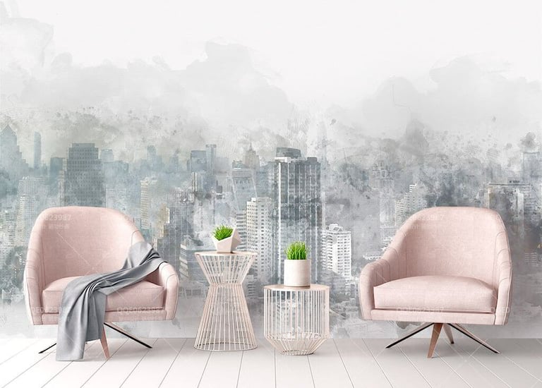 a living room with a cityscapeople wallpapered with a citysca