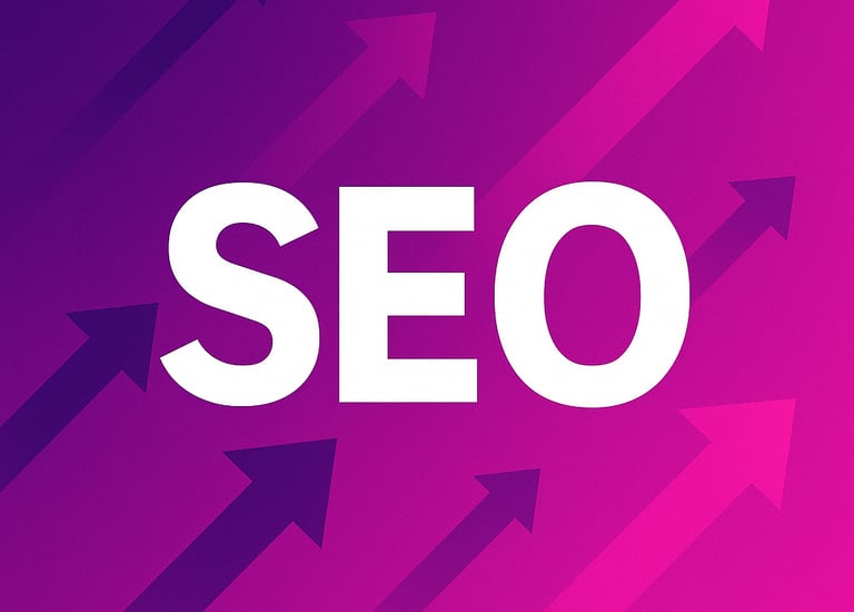 imagem com fundo rosa e roxo com texto SEO