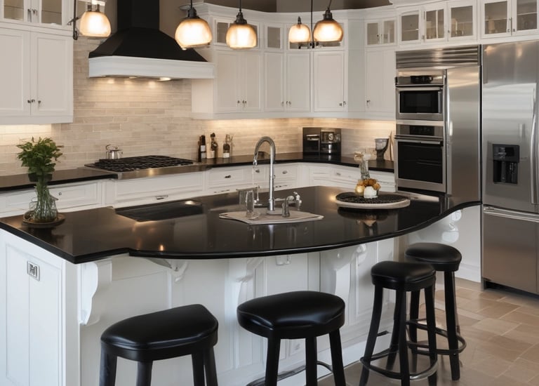 A modern kitchen counter features minimalistic decor with glass jars and a coffee grinder. Three pendant lights hang above, casting a warm glow. The background showcases glossy, iridescent tiles in neutral tones, adding texture and subtle color shifts.