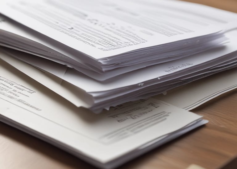 A stack of completed legal forms on a desk.