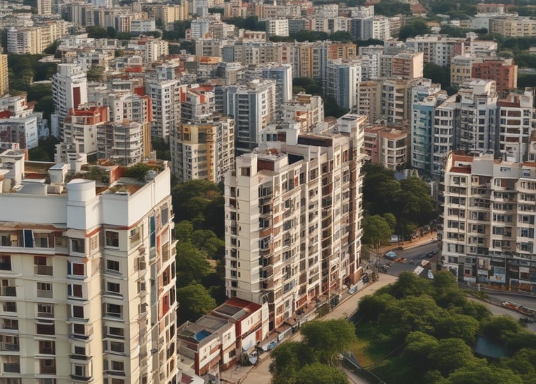A modern city skyline showcasing residential buildings.