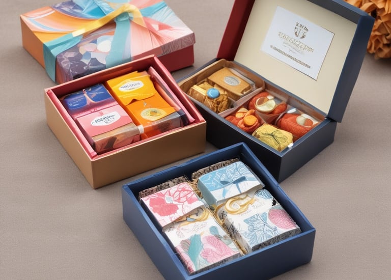 Corporate gift boxes arranged on a modern office table.