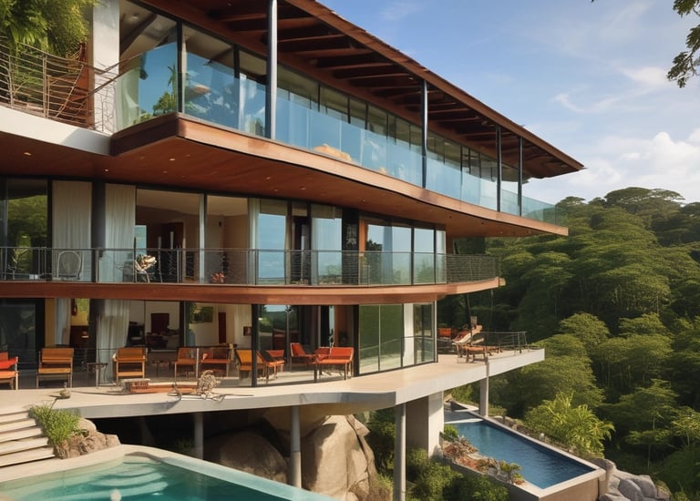 The image features a modern building facade with a brick pattern. The structure includes large windows and balconies with potted plants and small decorative objects. The architecture emphasizes vertical lines and a grid-like design using beige and brown tones.