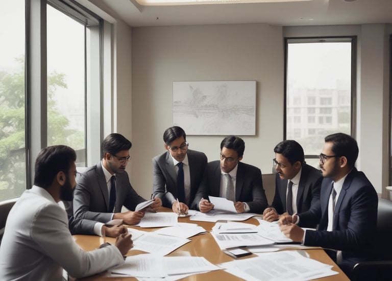 A group of four men in business attire are gathered around a table, examining documents laid out in front of them. They appear to be engaged in a discussion or meeting, with focused expressions and attentive body language.