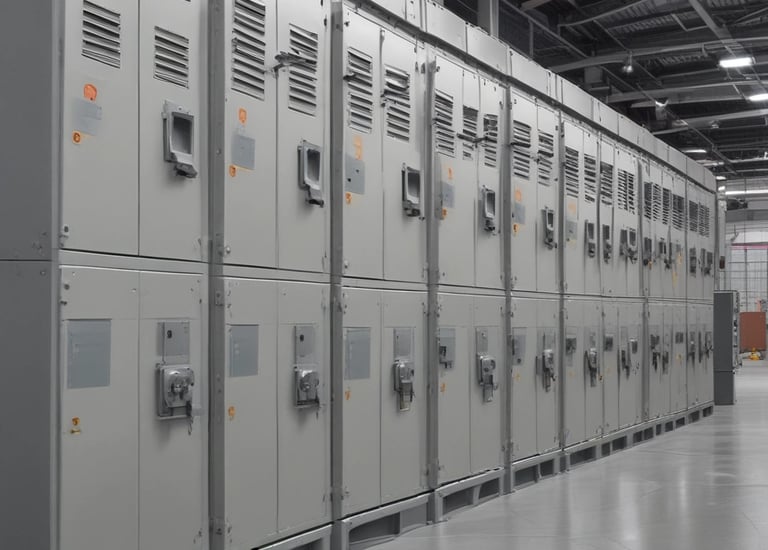 Two red electrical devices are mounted on a black corrugated metal wall, connected by a series of cables. The setup includes several black wires attached to the devices and a metal rack supporting the components.