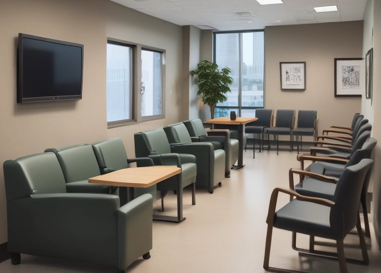 A modern dining area with pink upholstered booth seating and gray tabletops. The walls feature decorative circular art pieces in a white frame. The space has a contemporary design with clean lines and minimalistic decor, including a series of black cylindrical light fixtures hanging from the ceiling.