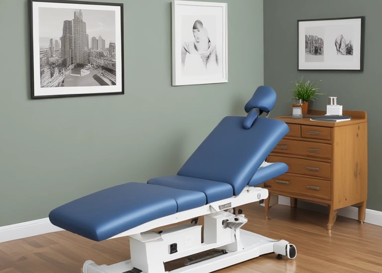 A stylish and modern interior with a long black table surrounded by gray upholstered chairs. The walls feature intricate, whimsical wallpaper with images of unicorns and foliage. A plush red bench adds a pop of color, and above it, a glowing golden logo is mounted on the wall. The space is well-lit, with pendant lights hanging from the ceiling, creating a warm and inviting atmosphere.