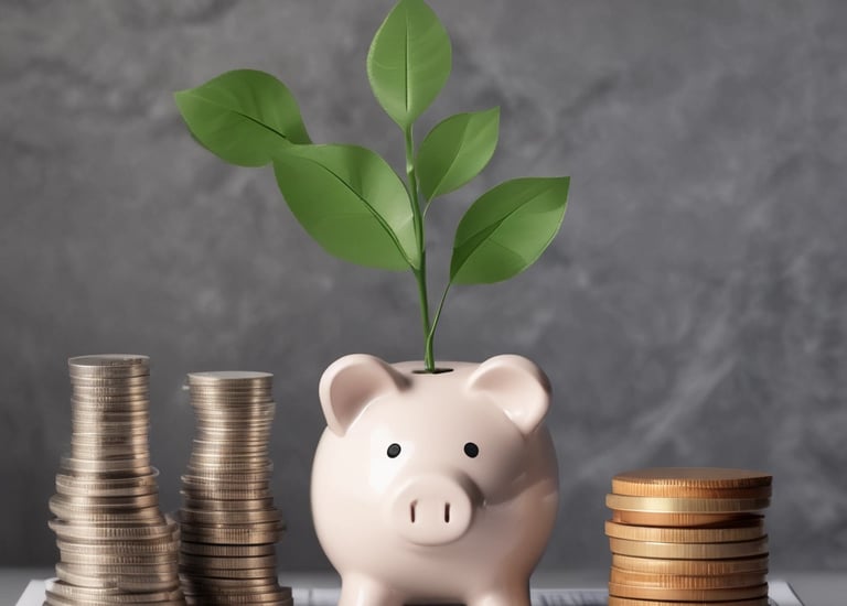 A laptop with a financial website open is centered on a white table. The screen displays a mint green background with text related to commission-free stock trading, accompanied by a gold object resembling a bridge. To the left, a smartphone displays a financial app with a graph and monetary figure. A cup of coffee sits on the right side, adding a casual work environment atmosphere.