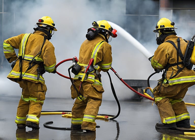 a group of firefighters in full gear with hoses