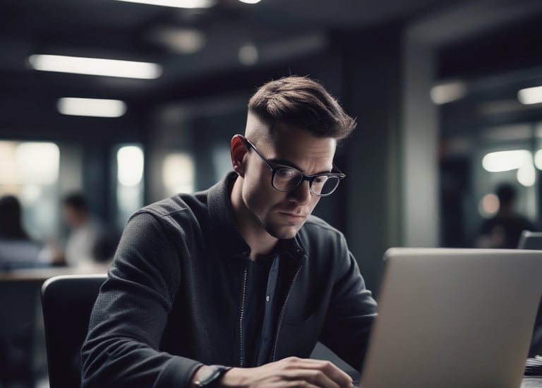 A male software developer wearing glasses works on a laptop in a dark modern office setting.
