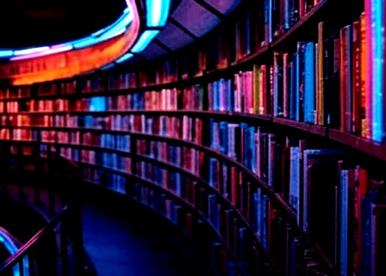 a library with a long shelf full of books, WardenShield
