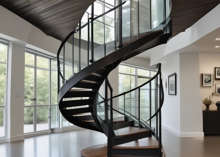 A spiral staircase viewed from the top perspective, showcasing a circular design that narrows towards the center. The steps are made of a smooth material and the railing is sleek, creating an elegant and modern aesthetic.