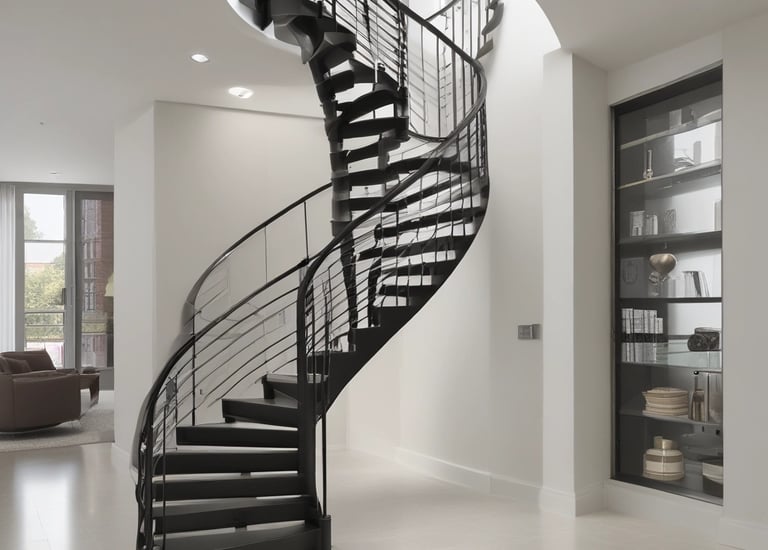 An architectural spiral staircase incorporating curves and glass elements, creating a modern and dynamic interior design. The structure spirals upwards with a combination of metal railings and glass panels, reflecting light and shadow playfully.