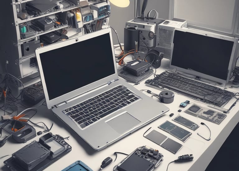 A smartphone displaying an application interface with various diagnostic tools is placed on a surface scattered with dark cylindrical objects resembling large batteries or tools. Beside the phone is a small black device with a label that includes text and a phone number.