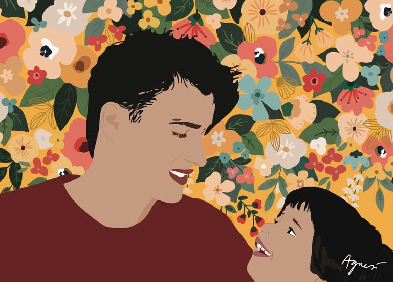 a dad and daughter are smiling and looking at each other