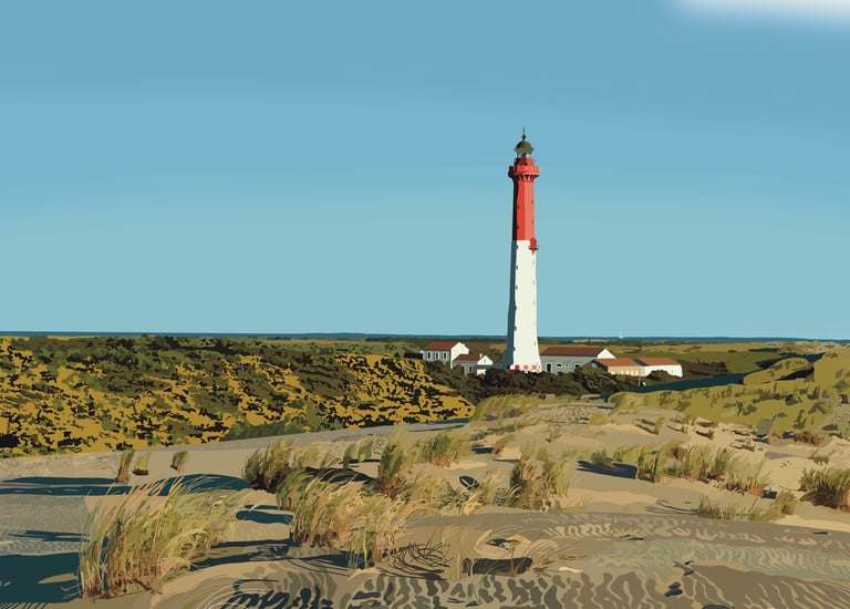 a lighthouse in the sand dunes of a beach