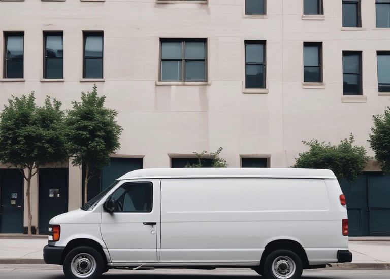 A delivery van parked outside a modern office building.