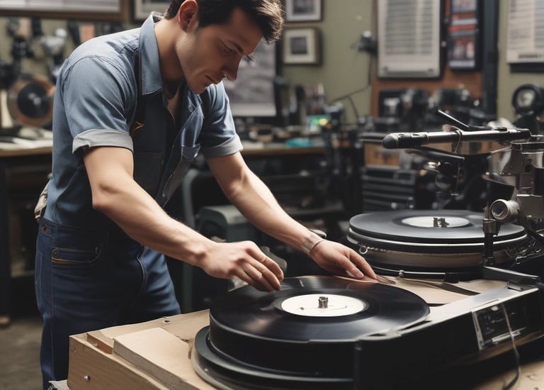 Workers operating vinyl pressing machines in an industrial setting.