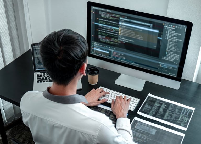 a man sitting at a desk with a laptop and a computer