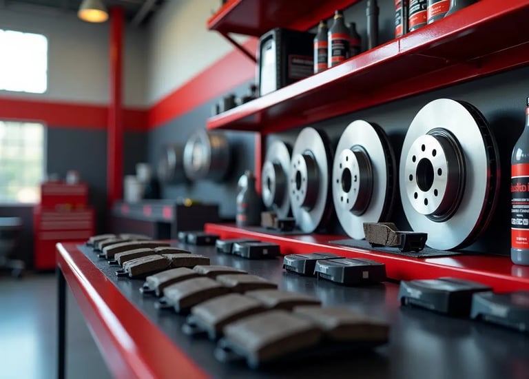 Brake pads, rotors, and fluid bottles neatly arranged inside a professional auto shop for quality 