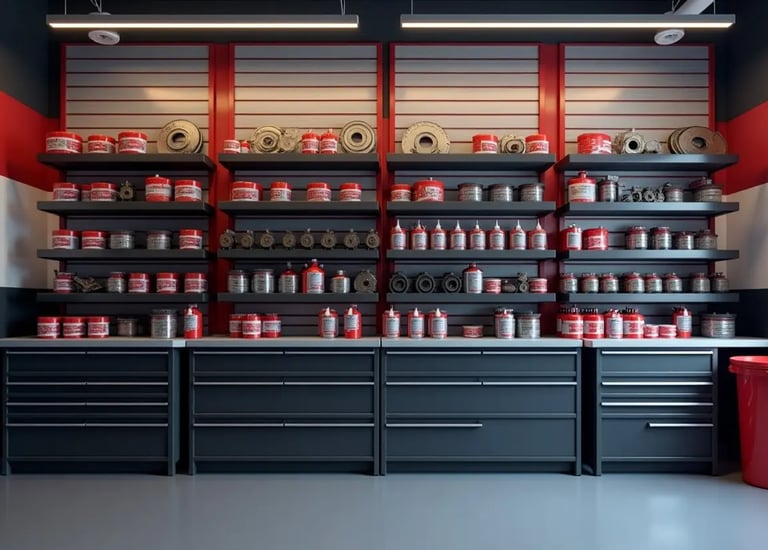 Brake pads, rotors, and fluid bottles neatly arranged inside a professional auto shop for quality 