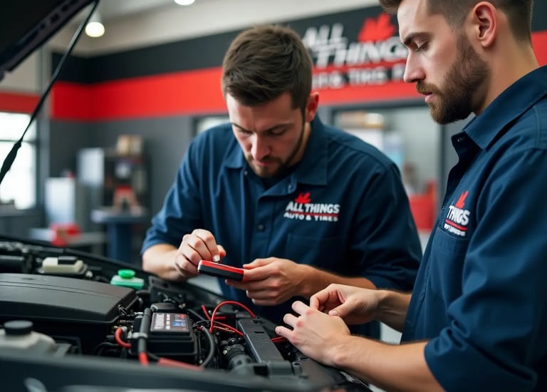  "Mechanics diagnosing and repairing a car engine inside professional auto shop for quality servics