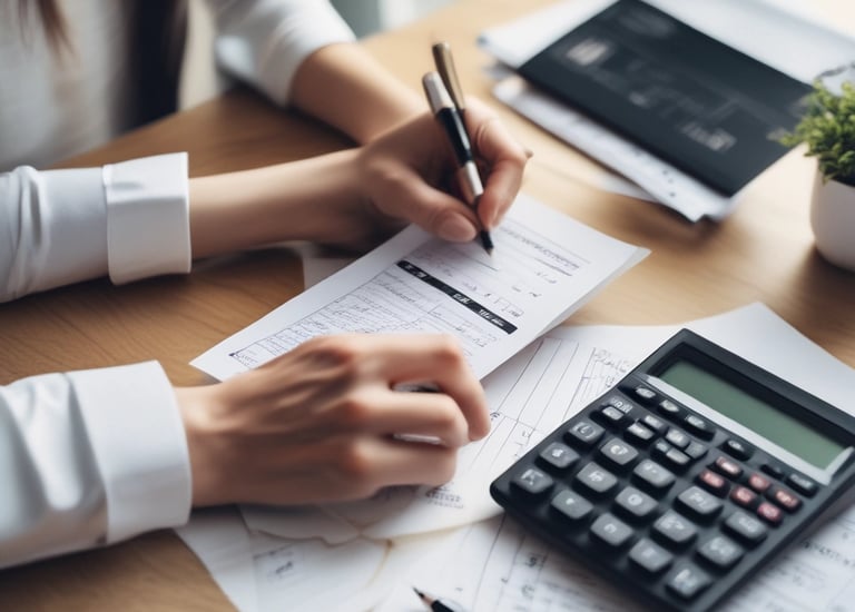 A hand is holding a smartphone displaying a financial application. The screen shows a chart with a growth prediction in percentage, and sections labeled Personal, Retirement, and Custodial. The chart predicts cash invested and saved over a period of time, with specific dollar values provided for future growth.
