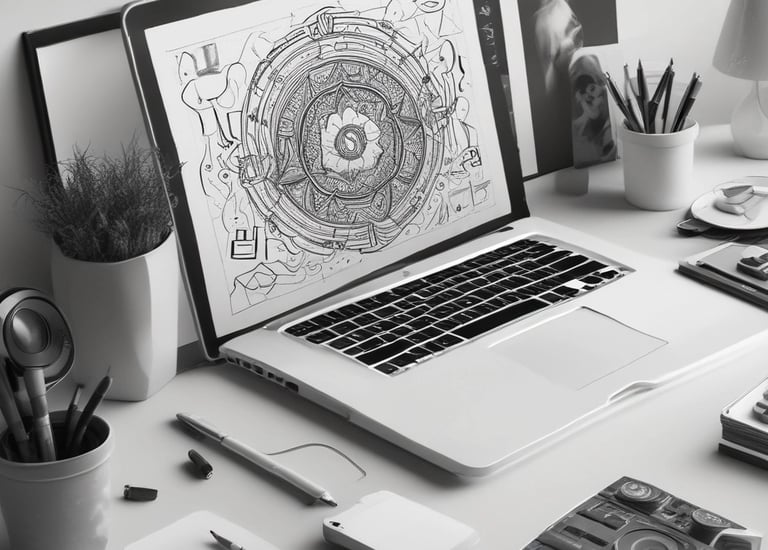 A MacBook Pro laptop displaying a software development environment with code on the screen. The desktop interface includes a smartphone emulator showing various application screens. The scene conveys a tech-focused workspace on a wooden surface.