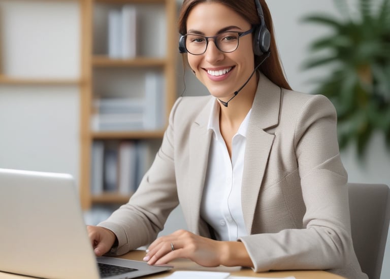 a woman in a suit and headphones is sitting at a desk