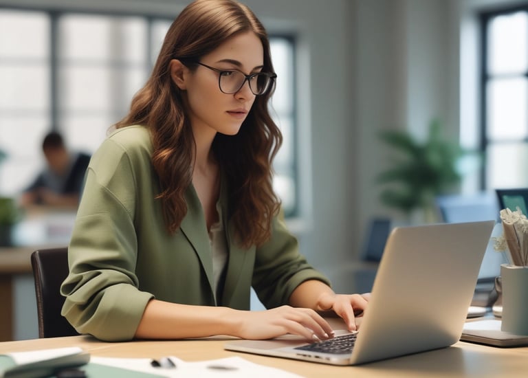 a woman in glasses and a green jacket is sitting at a desk