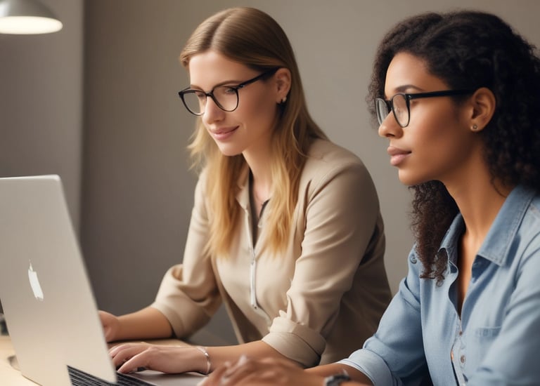 two women sitting at a table with a laptop