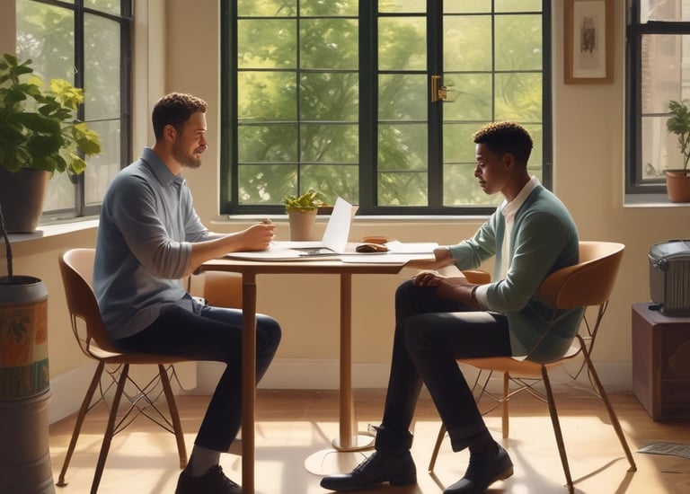 two men sitting at a table with laptops