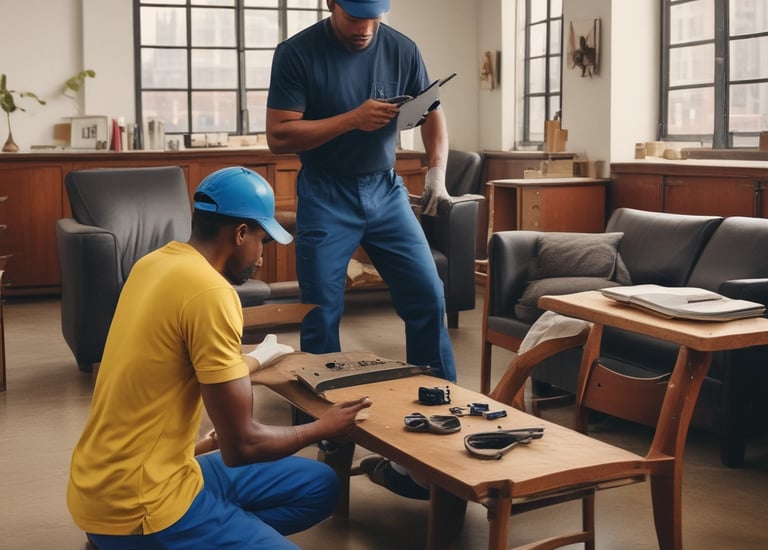 two men in blue overalls and a sink