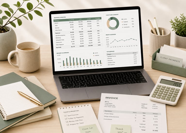 Laptop showing a business finance dashboard with invoices, calculator, client payment folder, notebo
