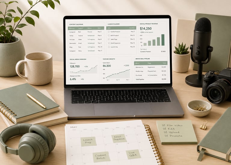 Laptop showing a creator dashboard with content calendar, launch planner, revenue tracker, microphon