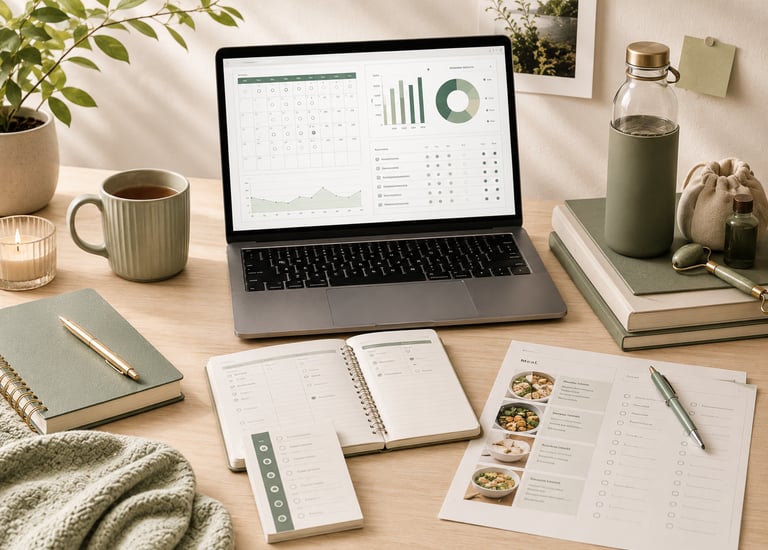 Laptop showing a habit and life planning dashboard with wellness tools, meal planner, checklist, not
