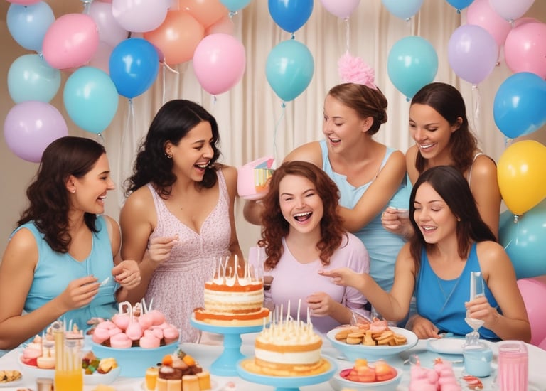 Children happily interacting with a nanny at a baby shower.