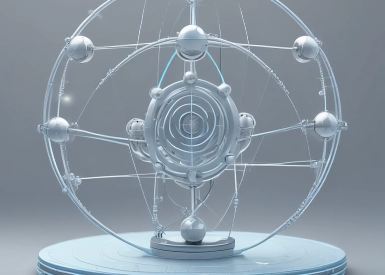 Quantum particles visualized as glowing orbs connected by energy lines.