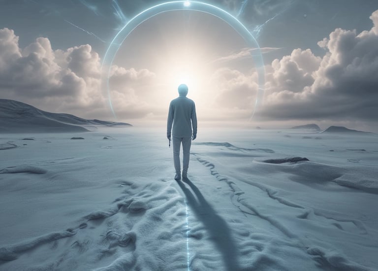 A serene depiction of a near-death experience with light and shadow.