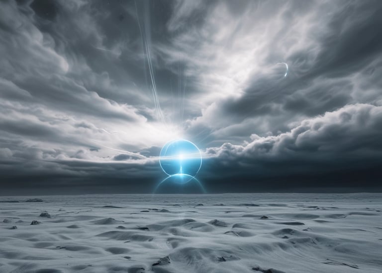 A night sky filled with unidentified aerial phenomena glowing softly.